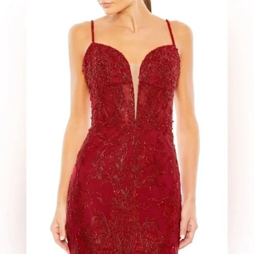 MAC DUGGAL 20330 Embroidered Floral Plunge Neck Illusion Red Evening Gown Size 2 - Picture 2 of 5
